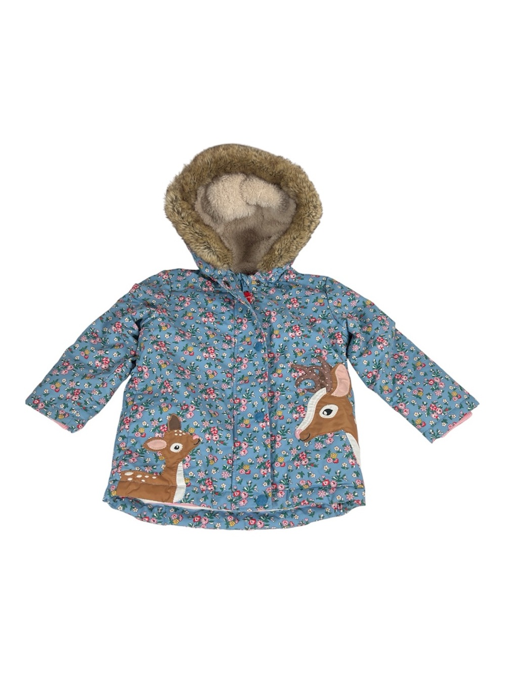 Baby Boden Sz 2 - 3Y Coat Blue Floral  with Deer 3 in 1 Faux Fur Hood